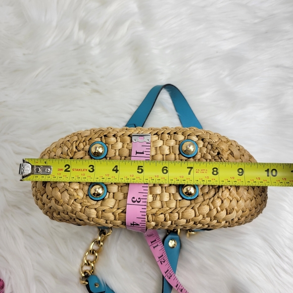 Michael Kors Santorini weave bucket tote wheat blue leather lined rafia straw - Picture 11 of 14